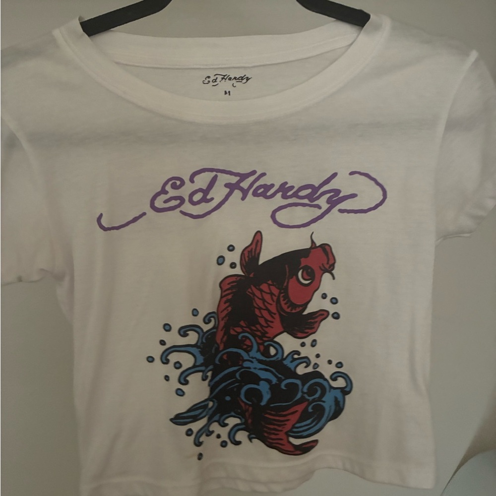 Ed Hardy White Tee with Red Koi and Blue Wave Graphic